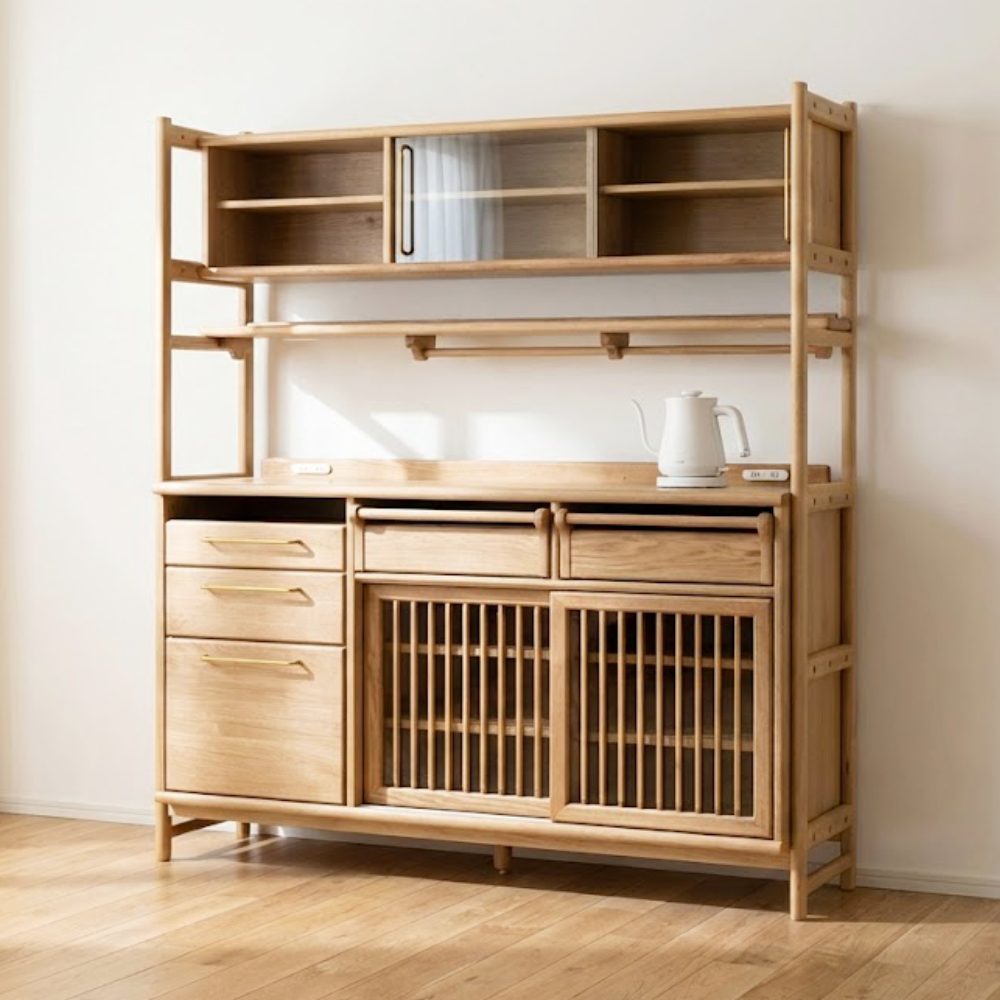 食器棚 キッチンボード フライス 幅132-157cm ホワイトオーク 無垢材