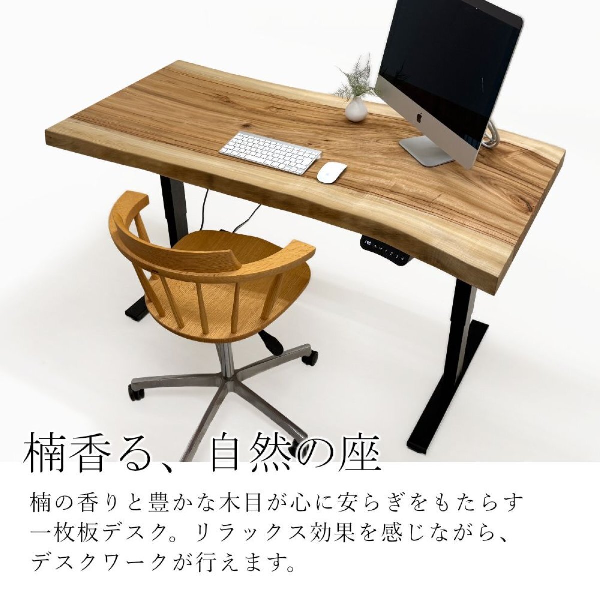 楠（クス） 一枚板 電動昇降デスク／1430mm 【A8687】 【一枚板