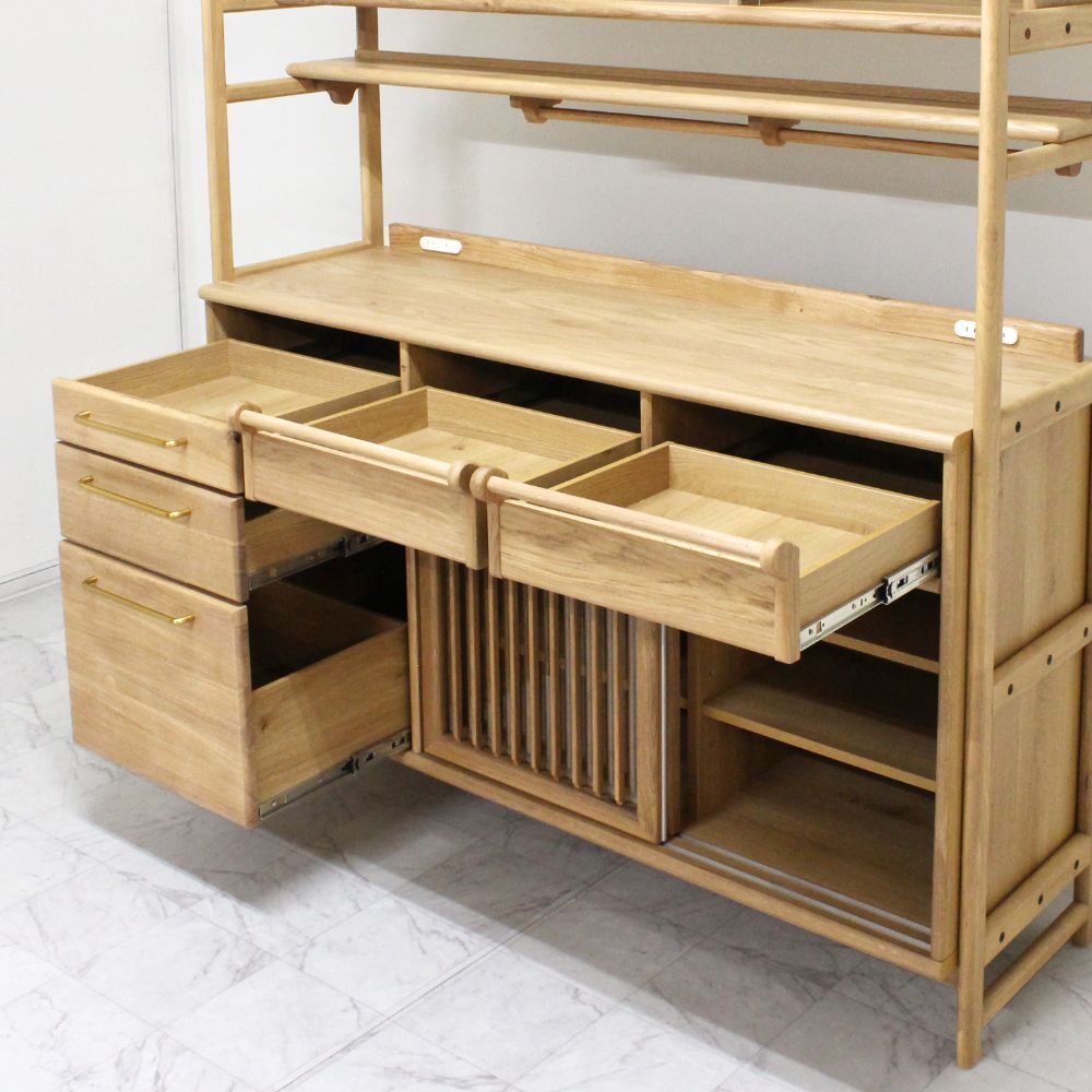 食器棚 キッチンボード フライス 幅132-157cm ホワイトオーク 無垢材