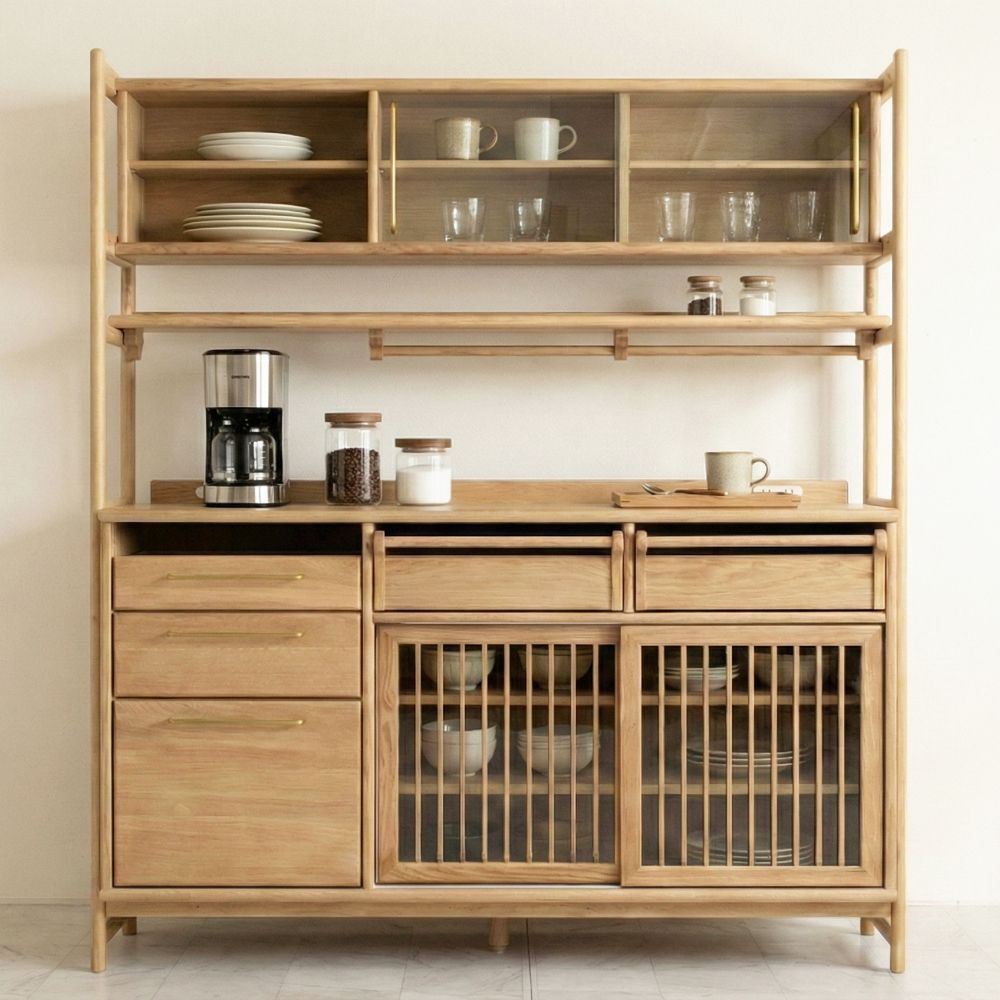 食器棚 キッチンボード フライス 幅132-157cm ホワイトオーク 無垢材