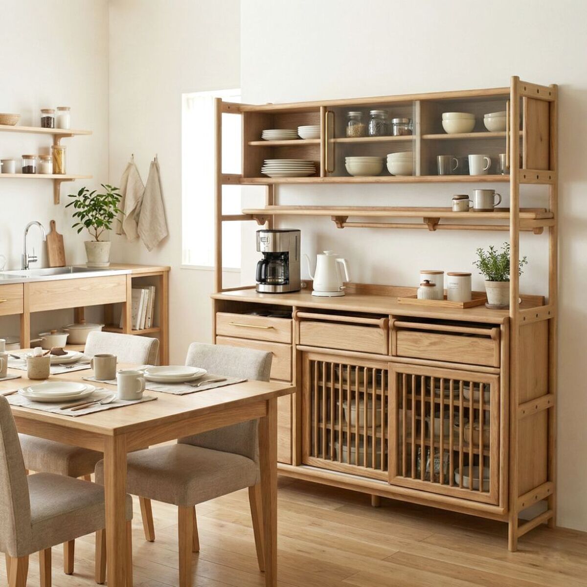 食器棚 キッチンボード フランツ 幅132-157cm ホワイトオーク 無垢材